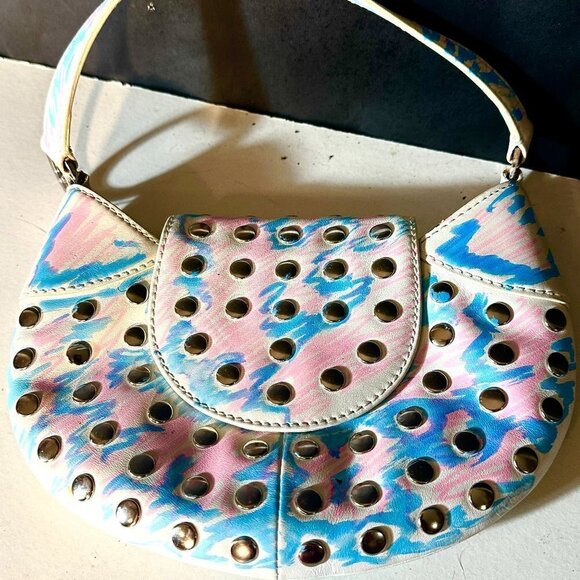 BCBG Studded Tie Dye Wristlet Bag Blue Pink Neon Club Handbag Silver Upcycle - Picture 1 of 6